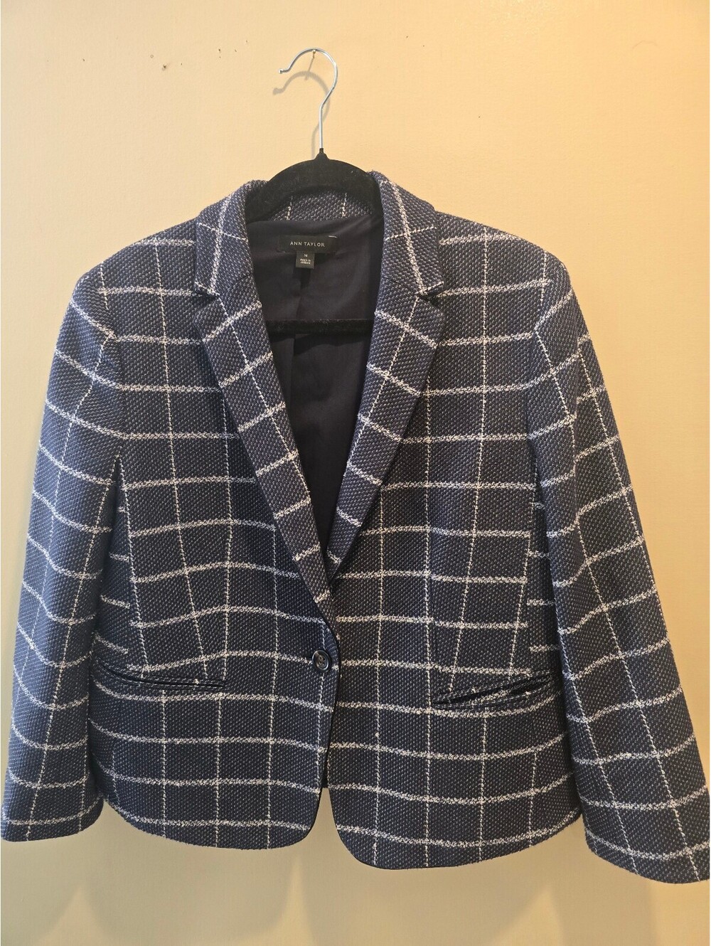 Ann Taylor Navy Blue and White Windowpane Blazer Jacket Size 6